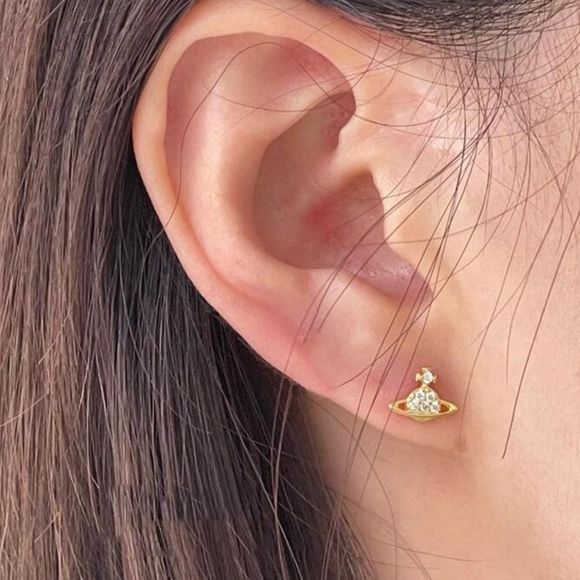 💎 NEW 18kgp planet Saturn tiny orb crystal stud earrings - Picture 3 of 3